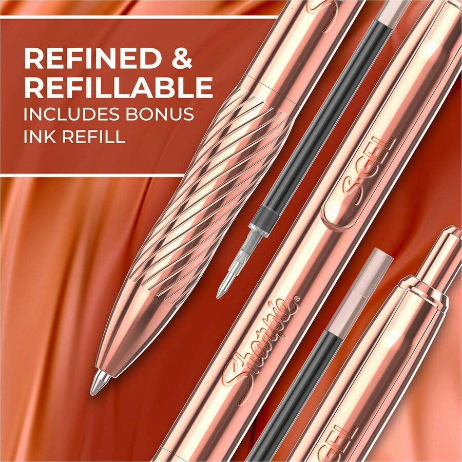 Sharpie S-Gel Pen, 0.7 mm Medium Point, Black Ink, Refillable, Retractable, Copper Plated Brass Barrel, 1 Pack with Bonus Ink Refill
