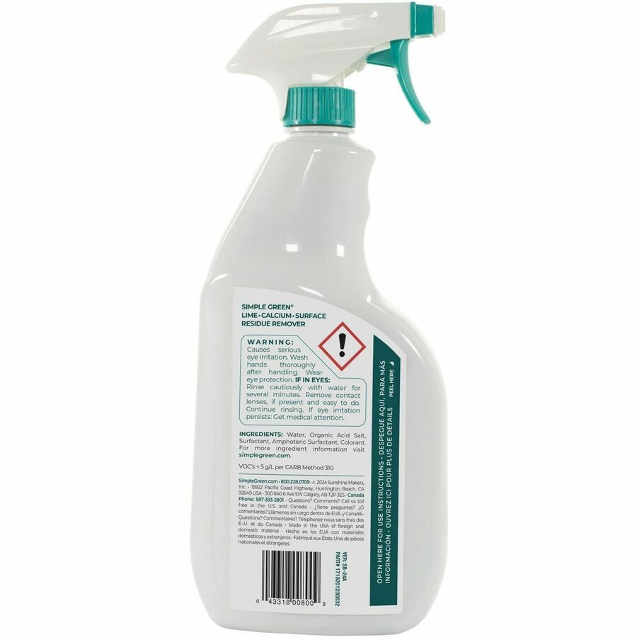 Simple Green Lime-Calcium-Surface Residue Remover, 32 fl oz (1 quart), Pleasant Wintergreen Scent, Bleach-Free, Ammonia-Free, Phosphorous-Free, Non-Abrasive, Turquoise Spray, 1 Each