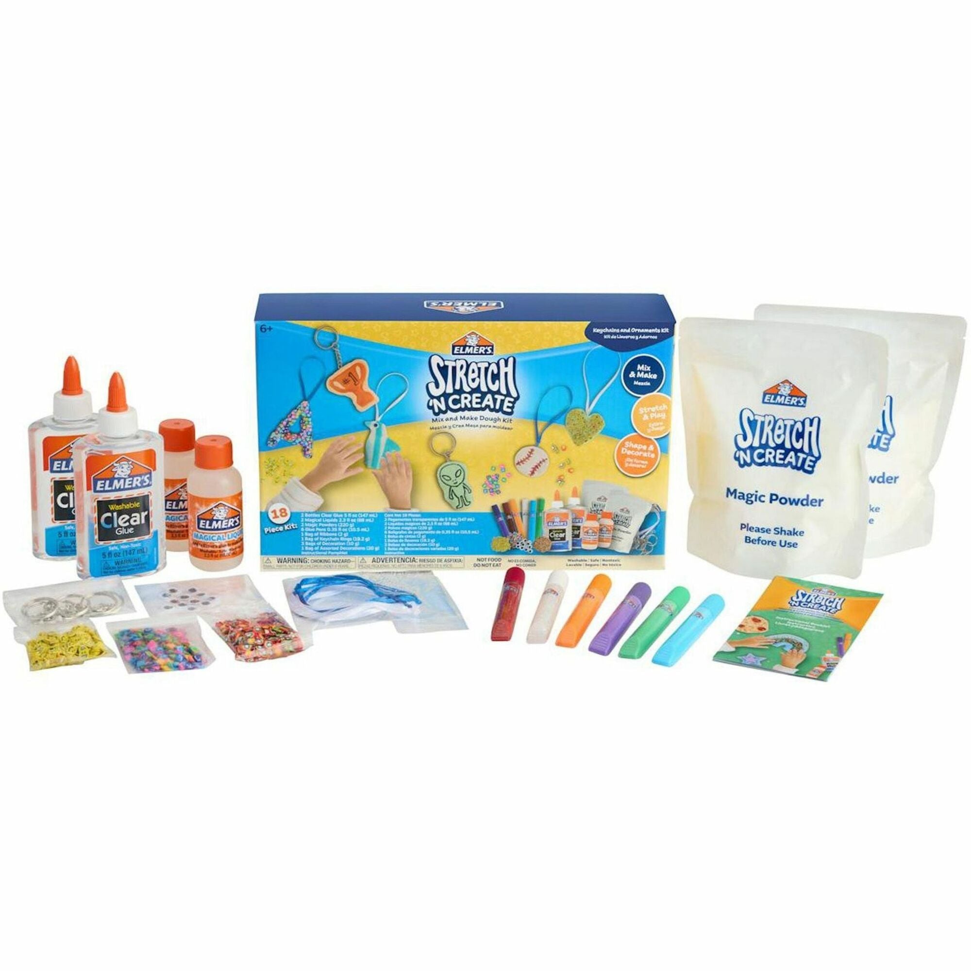 Elmer's Stretch 'N Create Dough Kit, 18 Pieces, Assorted Colors, Includes Glue Bottles, Magical Liquid, Magic Powder, Glue Pens, Ribbons, Keychain Rings, Decorations, 1 Box