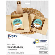 Avery Multipurpose Labels, 3" Round, Matte White, 6 Labels/Sheet, 150 Labels/Pack