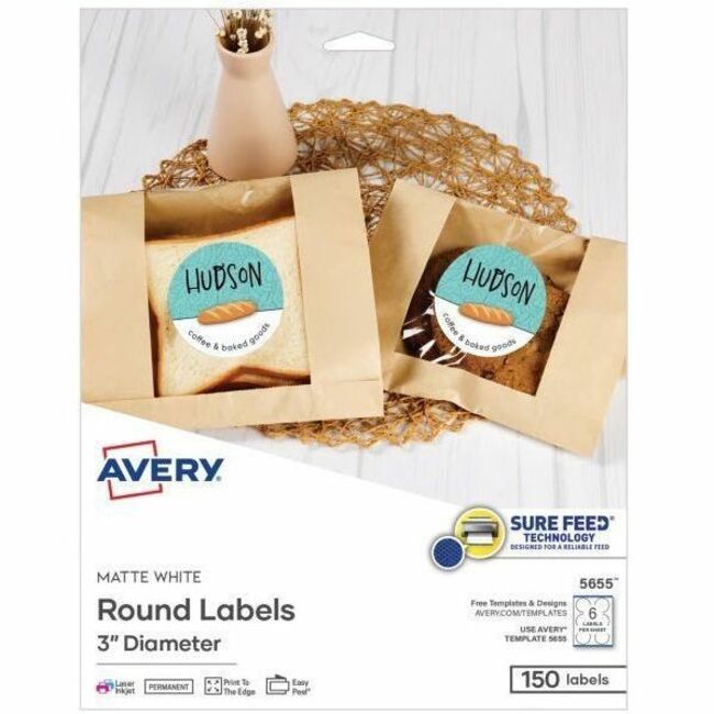 Avery Multipurpose Labels, 3" Round, Matte White, 6 Labels/Sheet, 150 Labels/Pack