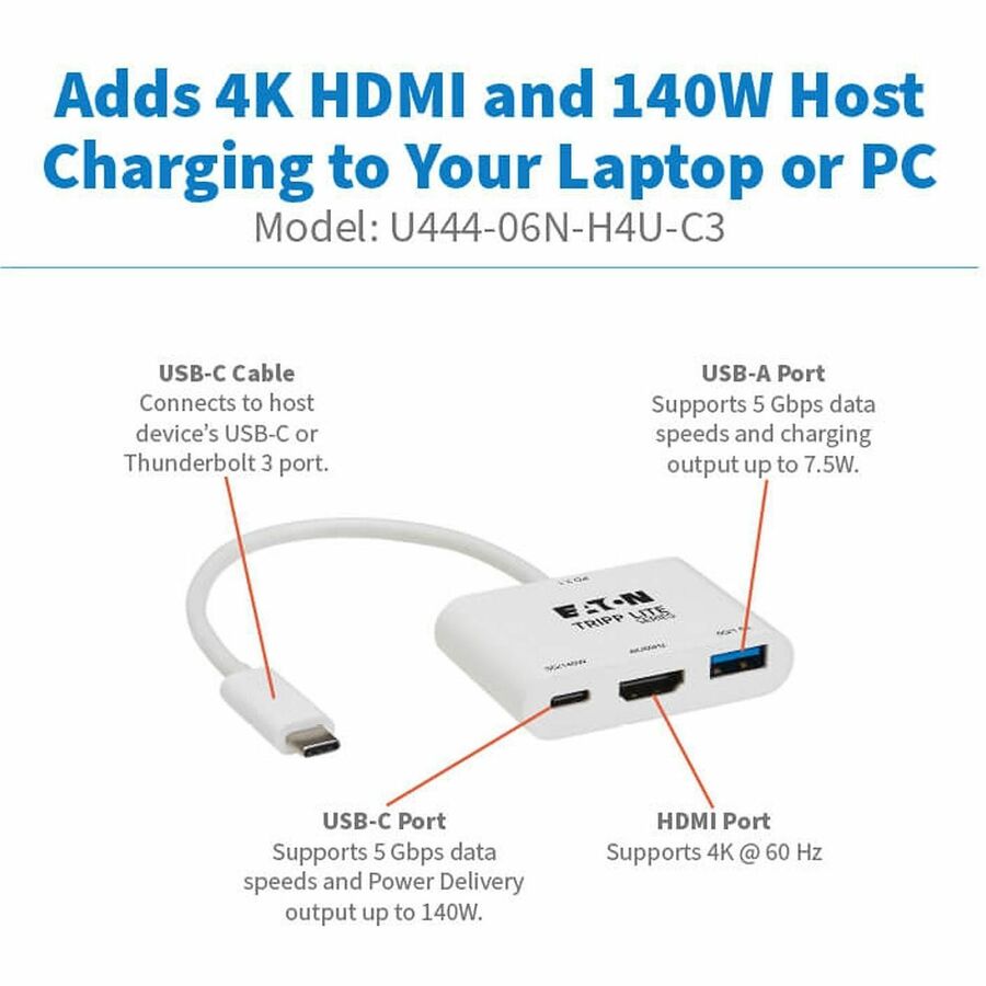 1 x USB 3.2 (Gen 1) Type C - Male - 1 x HDMI Digital Audio/Video - Female, 1 x USB 3.2 (Gen 1) Type C - Female, 1 x USB 3.2 (Gen 1) Type A - Female - 4096 x 2160 Supported - Nickel Connector - White