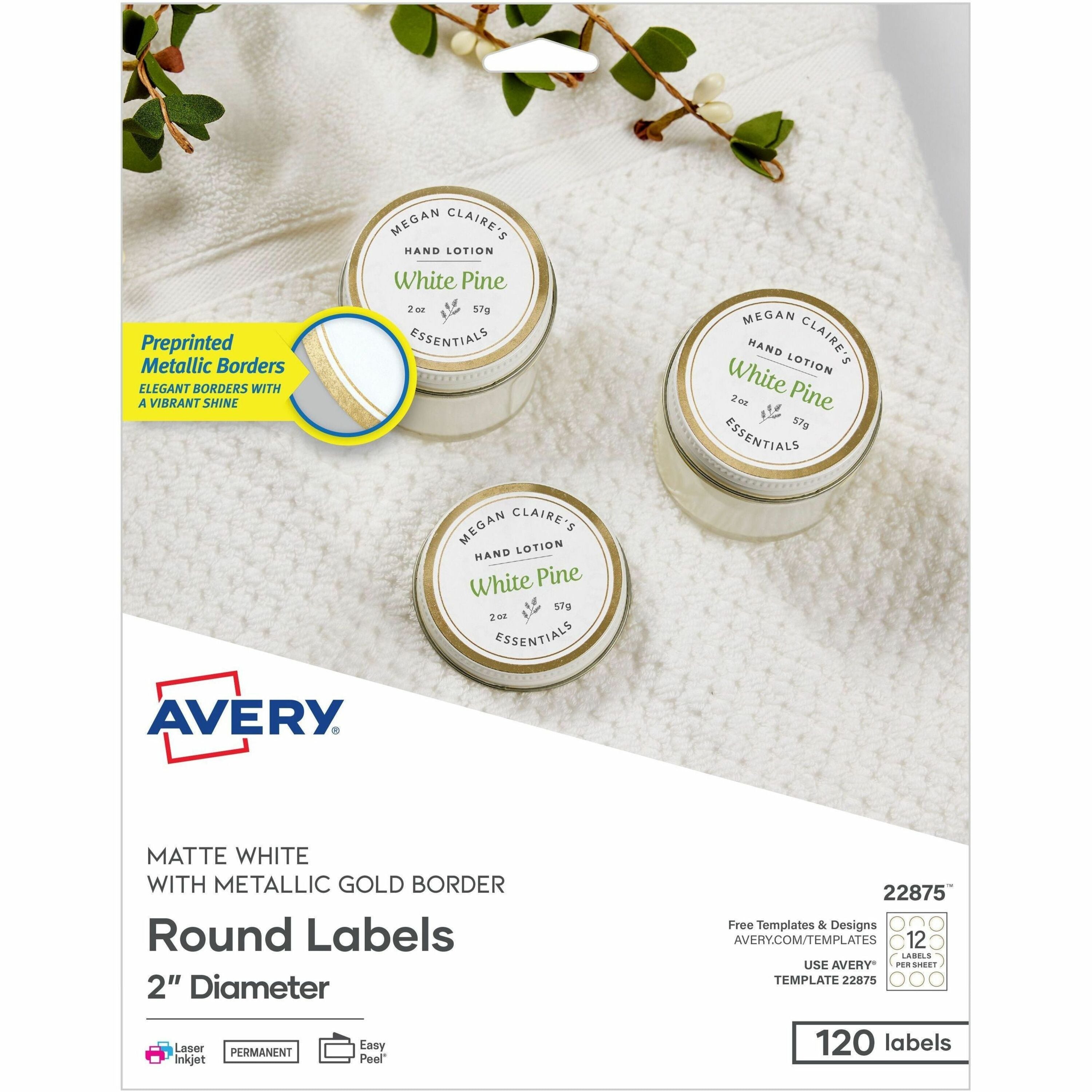 Avery Multipurpose Labels, 2" Round, Matte White with Gold Border, Permanent Adhesive, 12 Labels/Sheet, 10 Sheets, 120 Labels/Pack