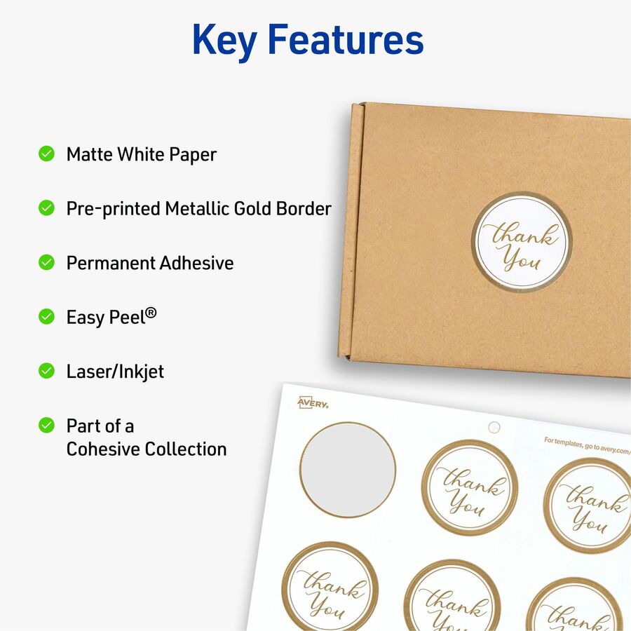 Avery Multipurpose Labels, 2" Round, Matte White with Gold Border, Permanent Adhesive, 12 Labels/Sheet, 10 Sheets, 120 Labels/Pack