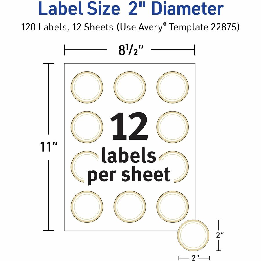 Avery Multipurpose Labels, 2" Round, Matte White with Gold Border, Permanent Adhesive, 12 Labels/Sheet, 10 Sheets, 120 Labels/Pack