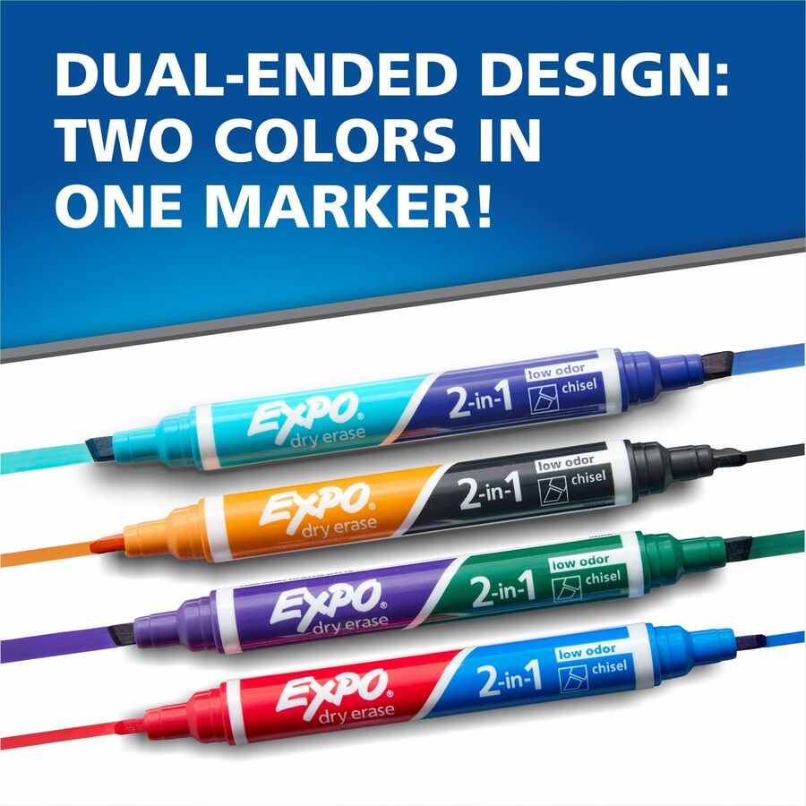 Expo 2-in-1 Dry Erase Markers, Chisel Tip, Assorted Colors, 8 Pack
