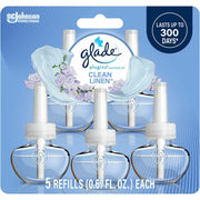 Glade PlugIns Refill, Clean Linen Scent, Oil, 3.3 fl oz, Long Lasting, Phthalate-Free, Formaldehyde-Free, Nitro Musk Free, 5 Pack
