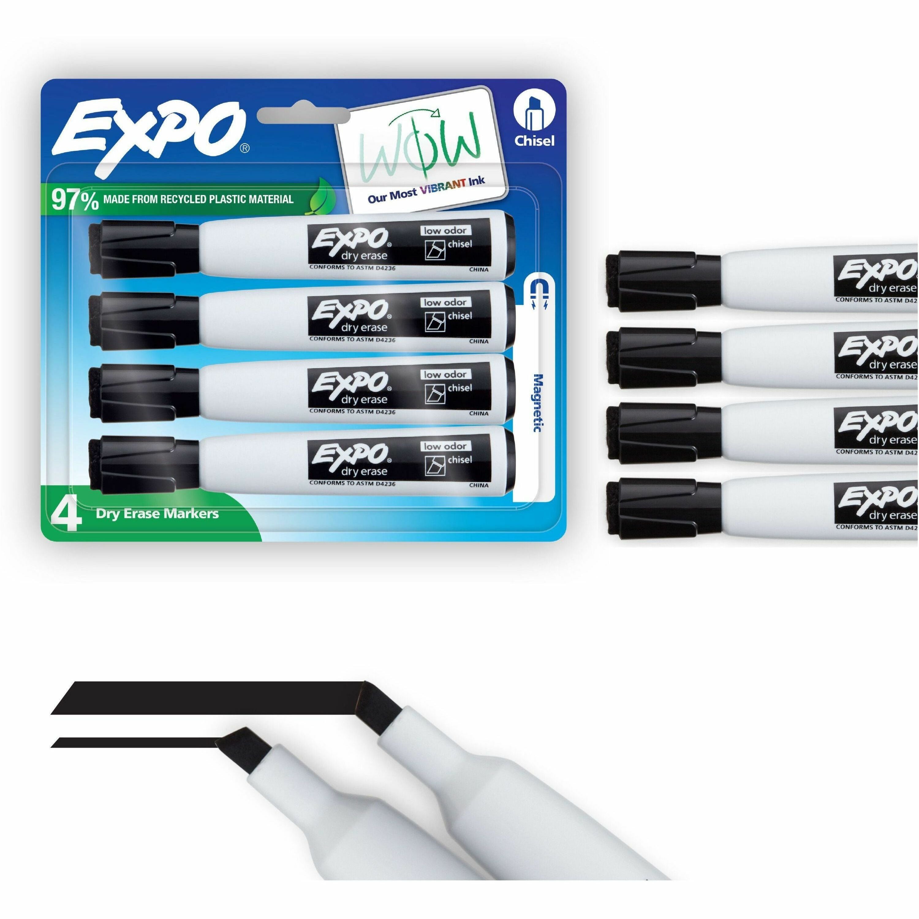 Expo Magnetic Dry-Erase Markers, Chisel Tip, Black Ink, Erasable, Magnetic Cap with Eraser, 4 Pack