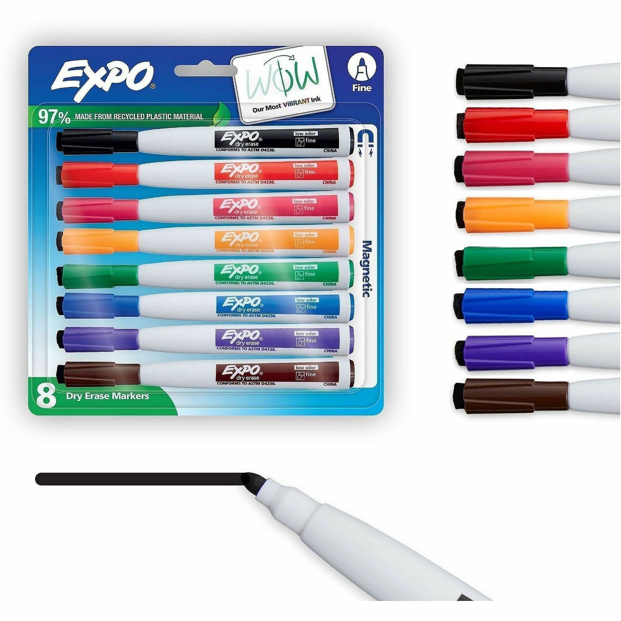 Expo Eraser Cap Fine Magnetic Dry Erase Markers, Fine Point, Assorted Colors, 8 Pack