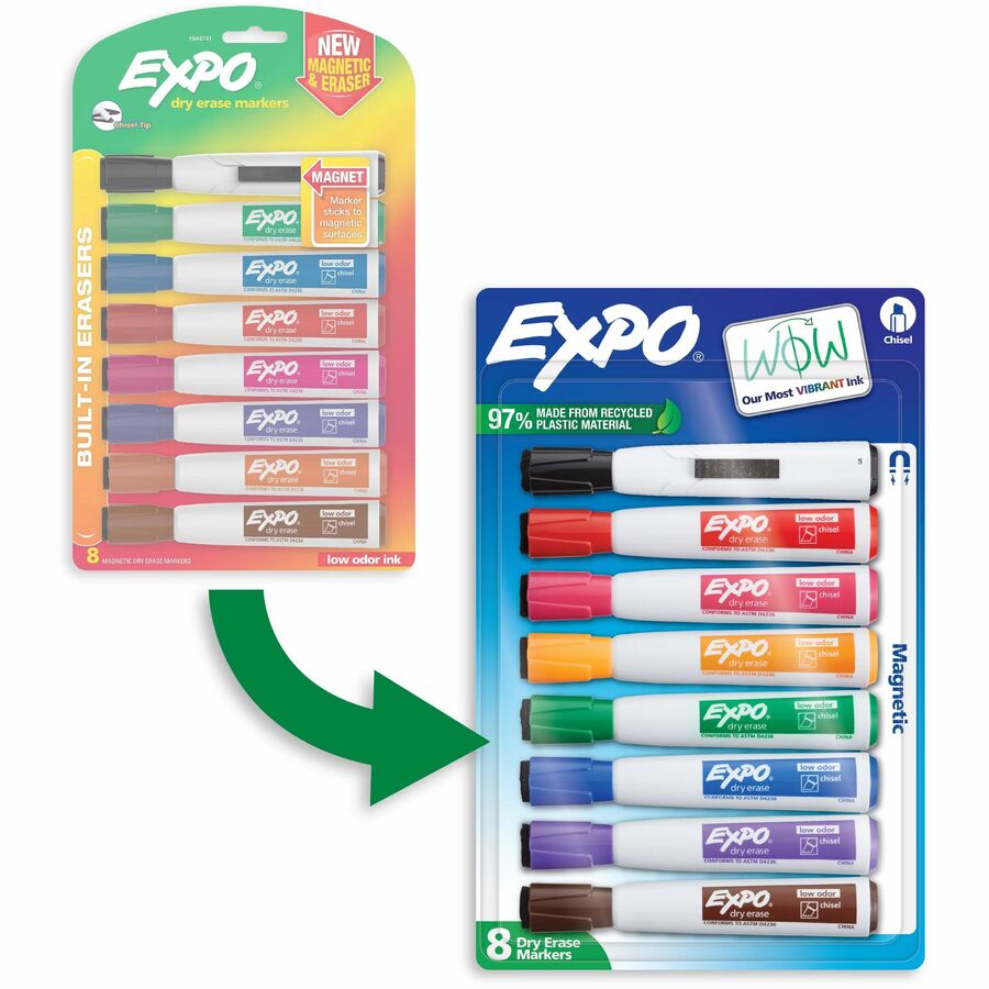 Expo Magnetic Dry-Erase Markers, Chisel Tip, Assorted Colors, 8 Pack