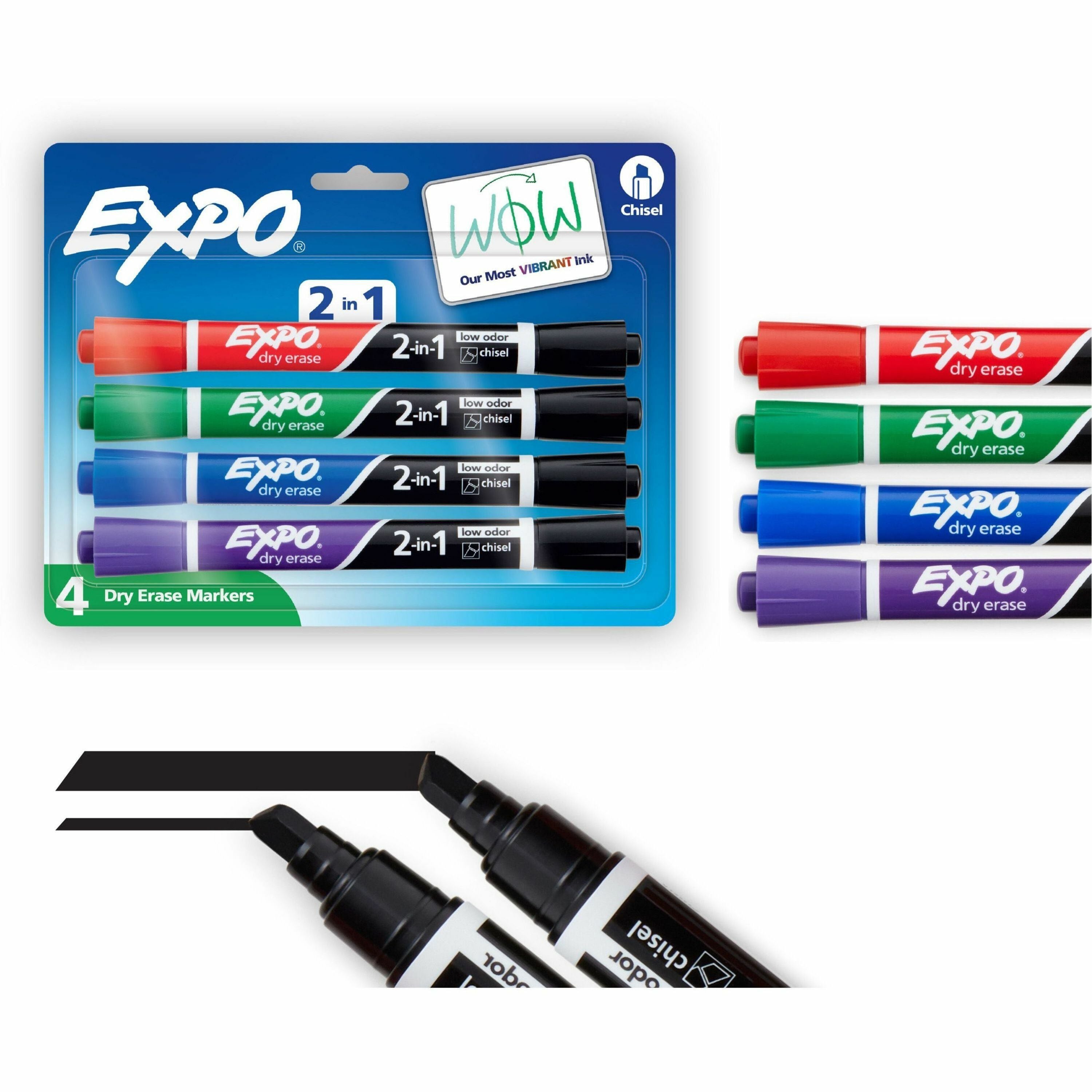 Expo 2-in-1 Dry Erase Markers, Chisel Tip, Assorted Colors, 4 Pack