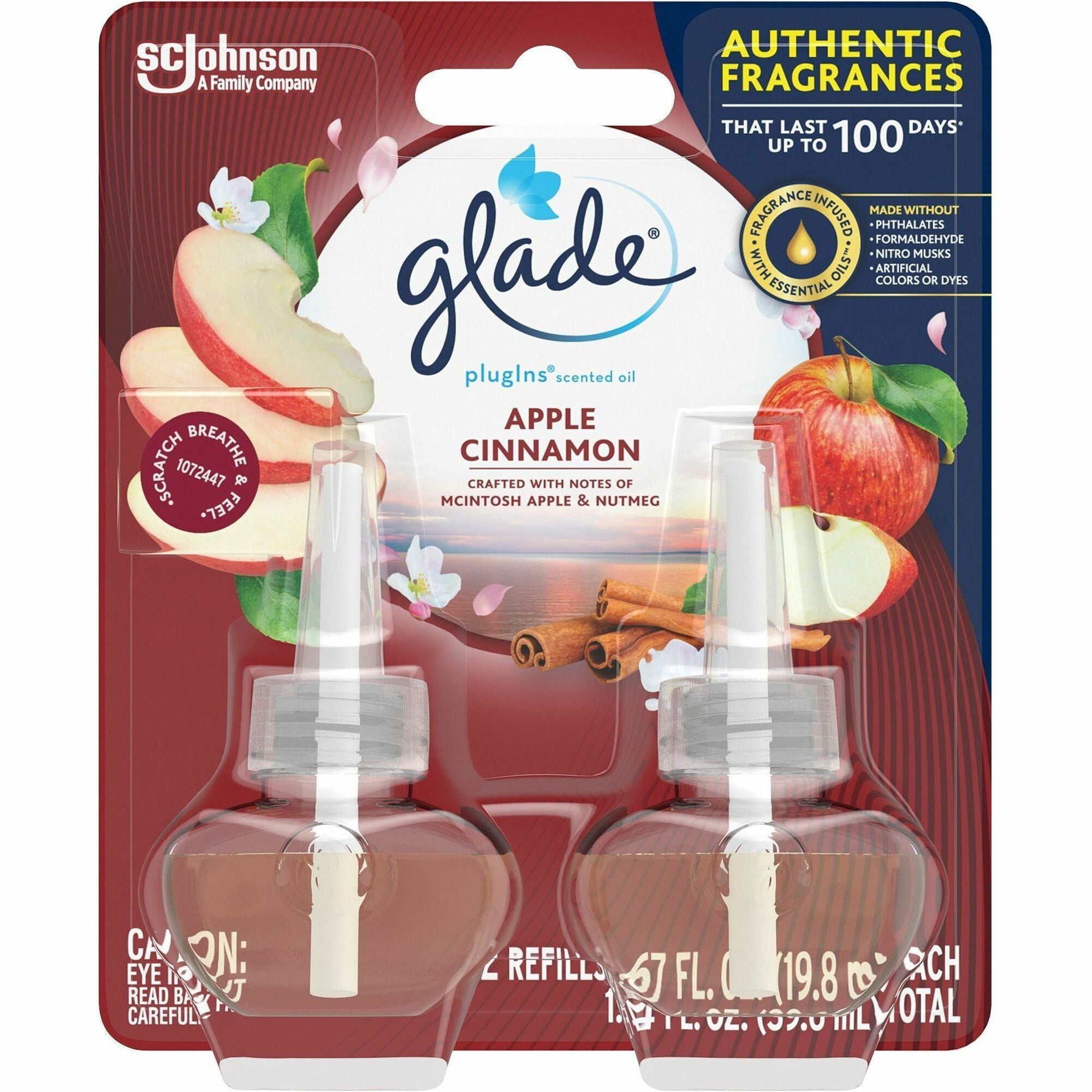 Glade PlugIns Refill, Scented Oil, Apple Cinnamon, 1.3 fl oz, Long Lasting, 50 Day, 2 Pack