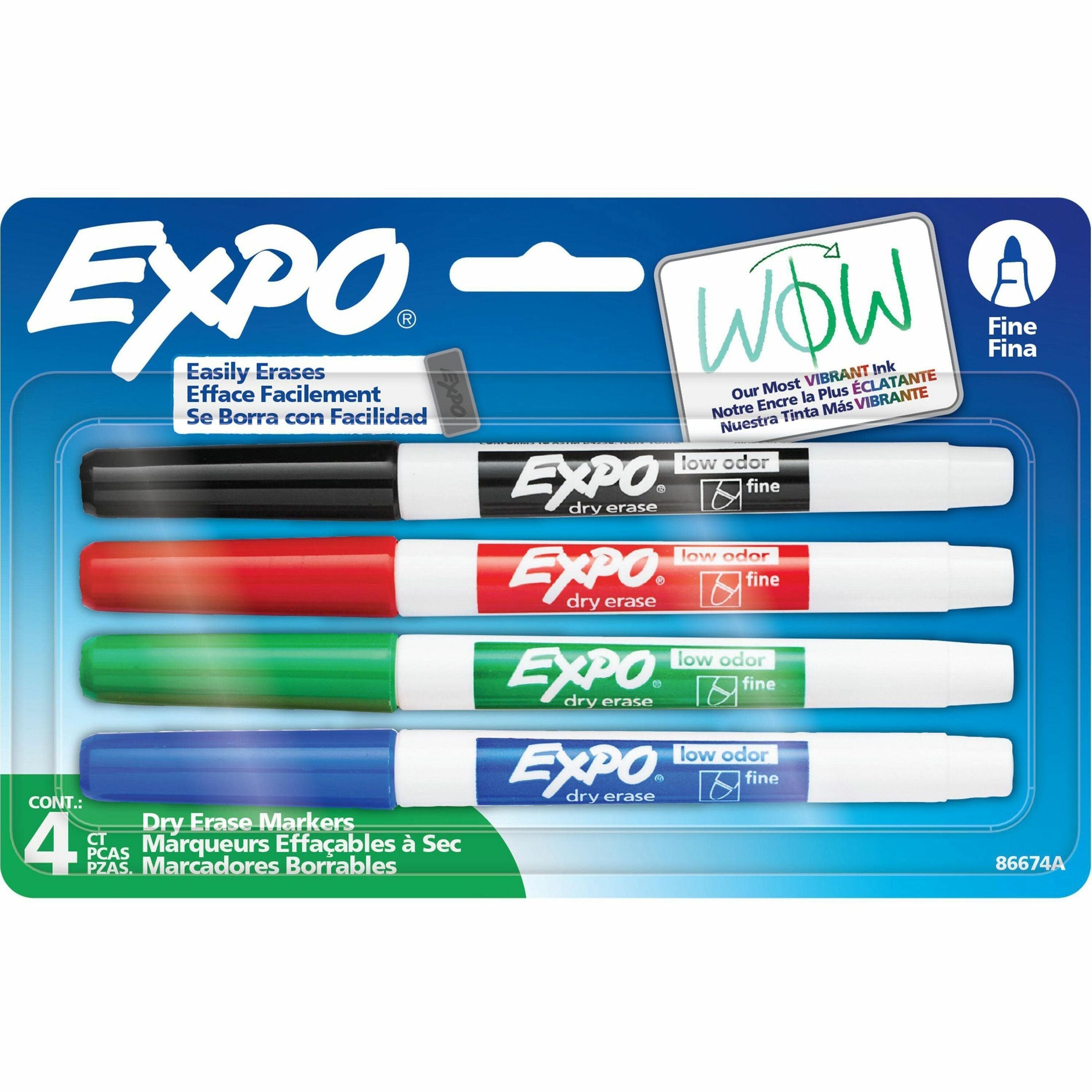 Expo Low-Odor Dry Erase Markers, Fine Point, Assorted Colors, 4 per Set