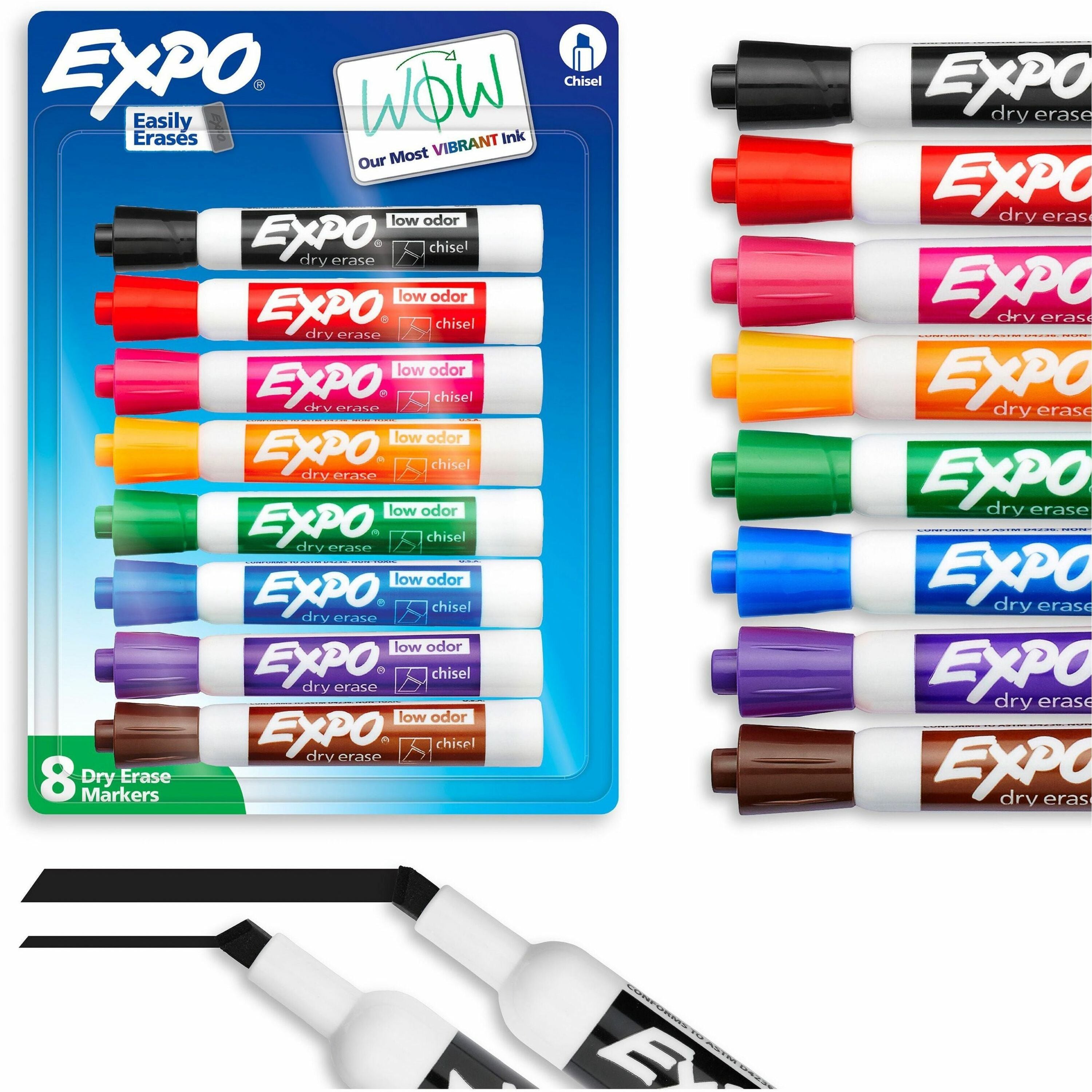 Expo Dry Erase Markers, Chisel Tip, Assorted Colors, Low Odor, Erasable, 8 Pack