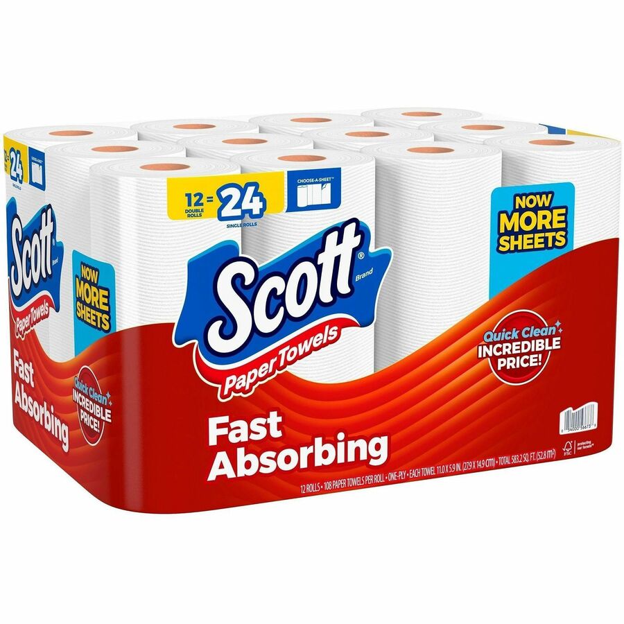 Scott Choose-A-Sheet Paper Towels, White, Fiber Paper, 12 Pack