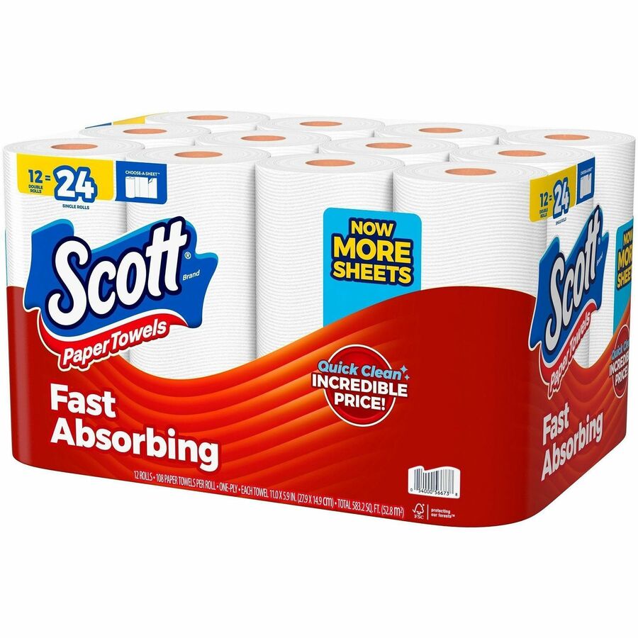 Scott Choose-A-Sheet Paper Towels, White, Fiber Paper, 12 Pack