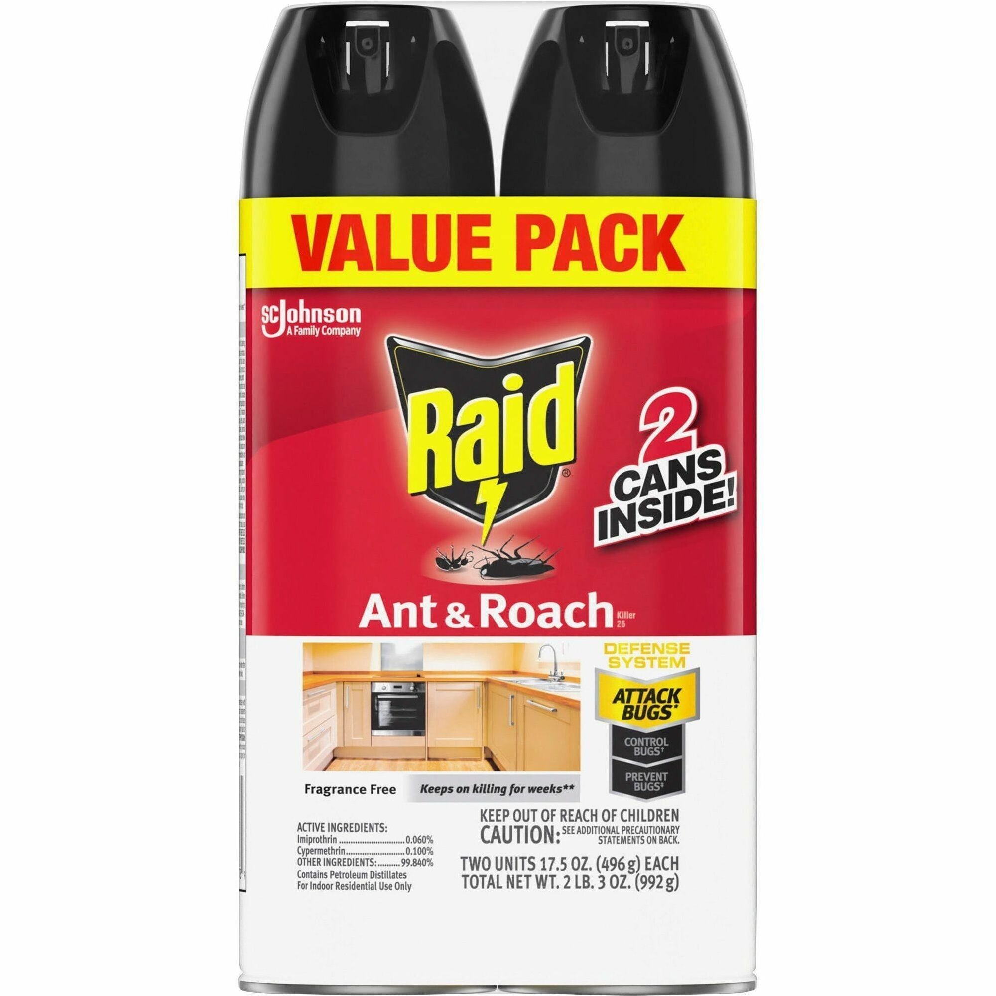 Raid Ant & Roach Killer Spray, Fragrance-Free, Red, 17.50 fl oz, 2/Pack