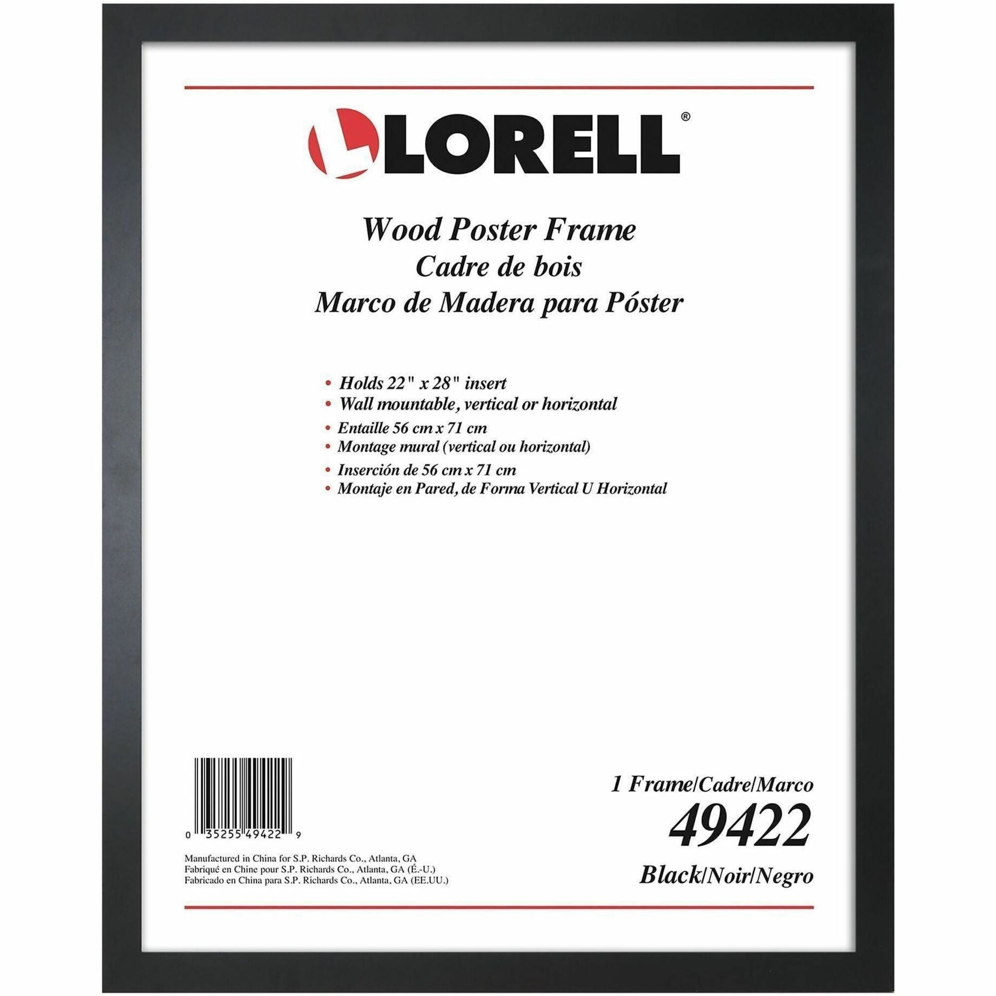 Lorell Solid Wood Poster Frame, 22" x 28", Black, Mountable, Vertical or Horizontal, 1 Each