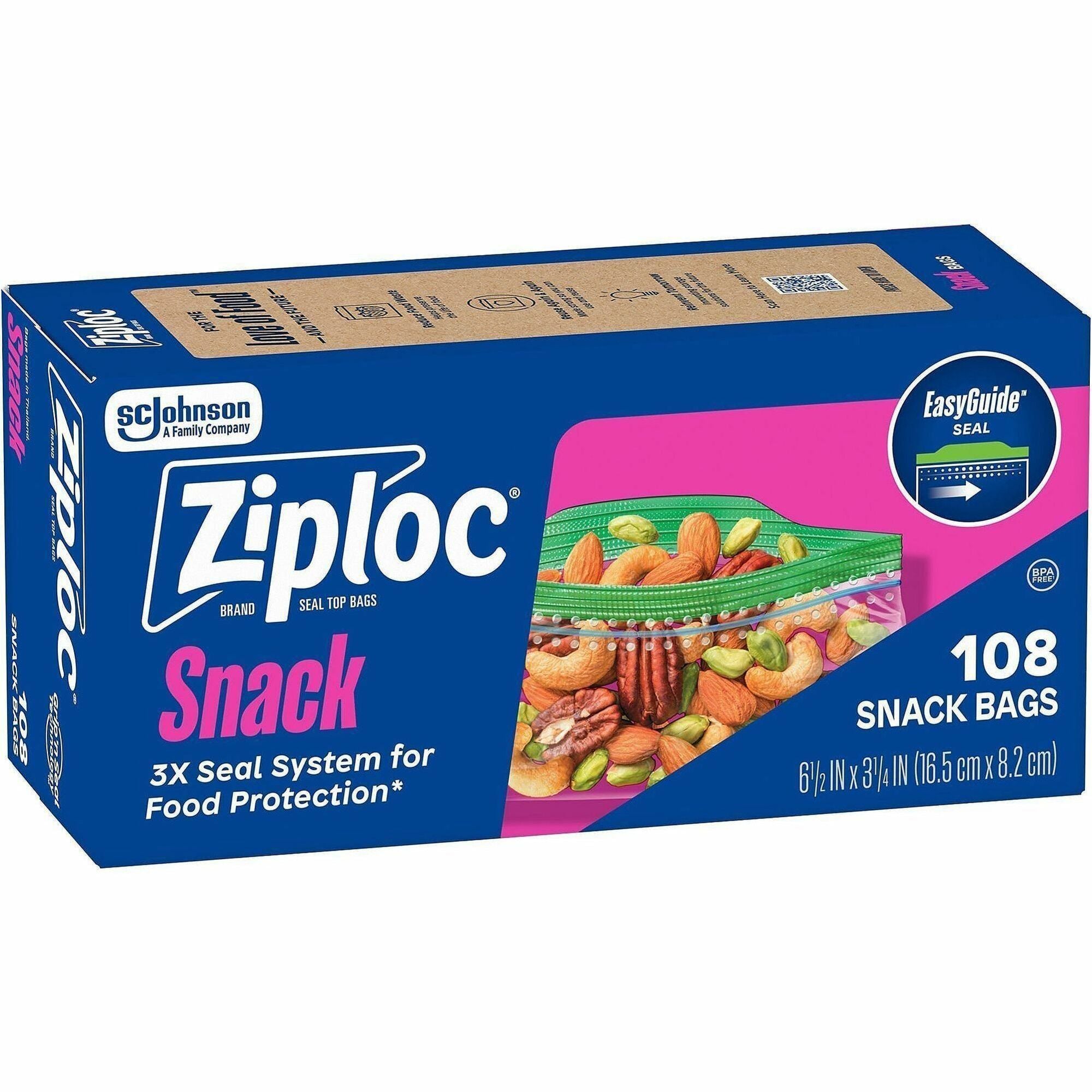 Ziploc&reg; Snack Size Storage Bags - 6.50" - Seal, Zipper Closure - Plastic - Snack, Food, Sandwich, Storage, Fruit, Vegetables - 108 / Box