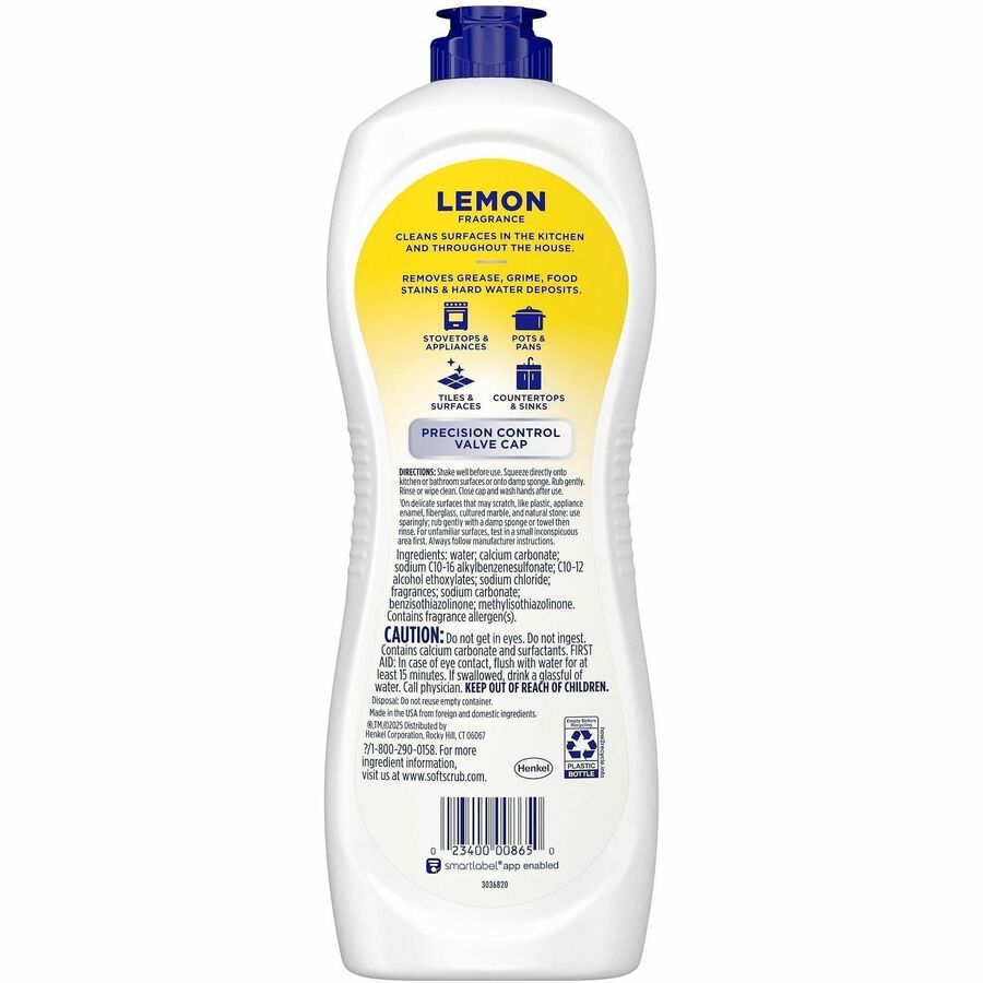 Soft Scrub Total Bath/Kitchen Cleanser - For Multipurpose - 24 fl oz (0.8 quart) - Fresh, Lemon Scent - Non-abrasive, Kosher - White - 1 Each