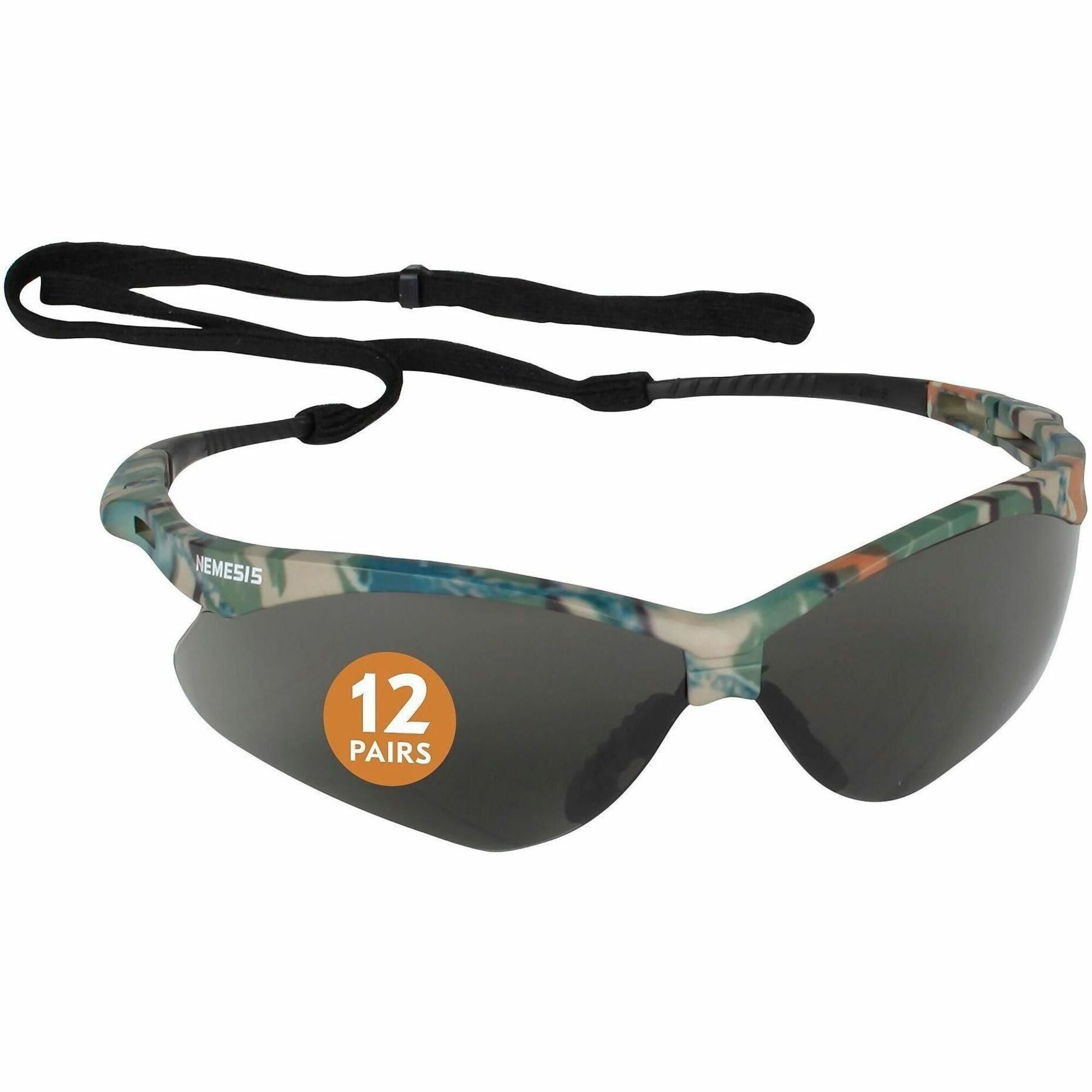 Ansell Nemesis Safety Glasses, Anti-Fog, Smoke Lens, Camo Frame, Polycarbonate, Wraparound, Lightweight, Flexible, Neck Cord Included, 1 Each