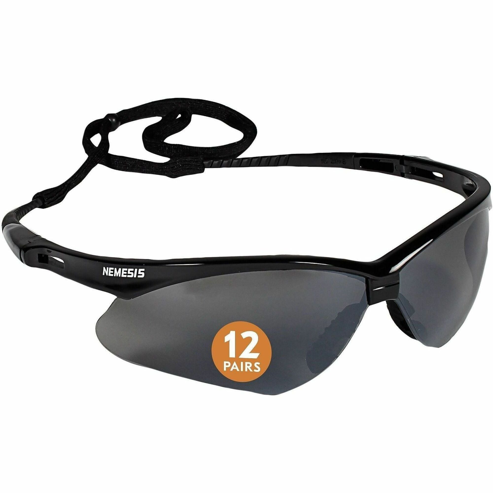 Ansell Nemesis Safety Glasses, Smoke Polycarbonate Lens, Black Frame, Wraparound, Non-slip, Flexible, Lightweight, Sweat Resistant, Neck Cord Included, Unisex, Universal Size, 1 Each