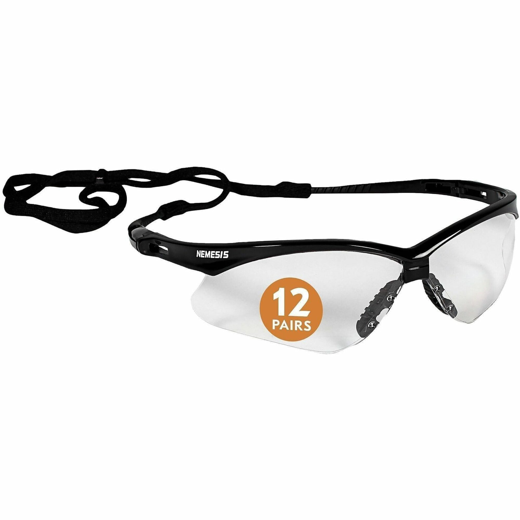 Ansell Nemesis Safety Glasses, Clear Polycarbonate Lens, Black Frame, Anti-fog, Lightweight, Wraparound, Neck Cord Included, 1 Each