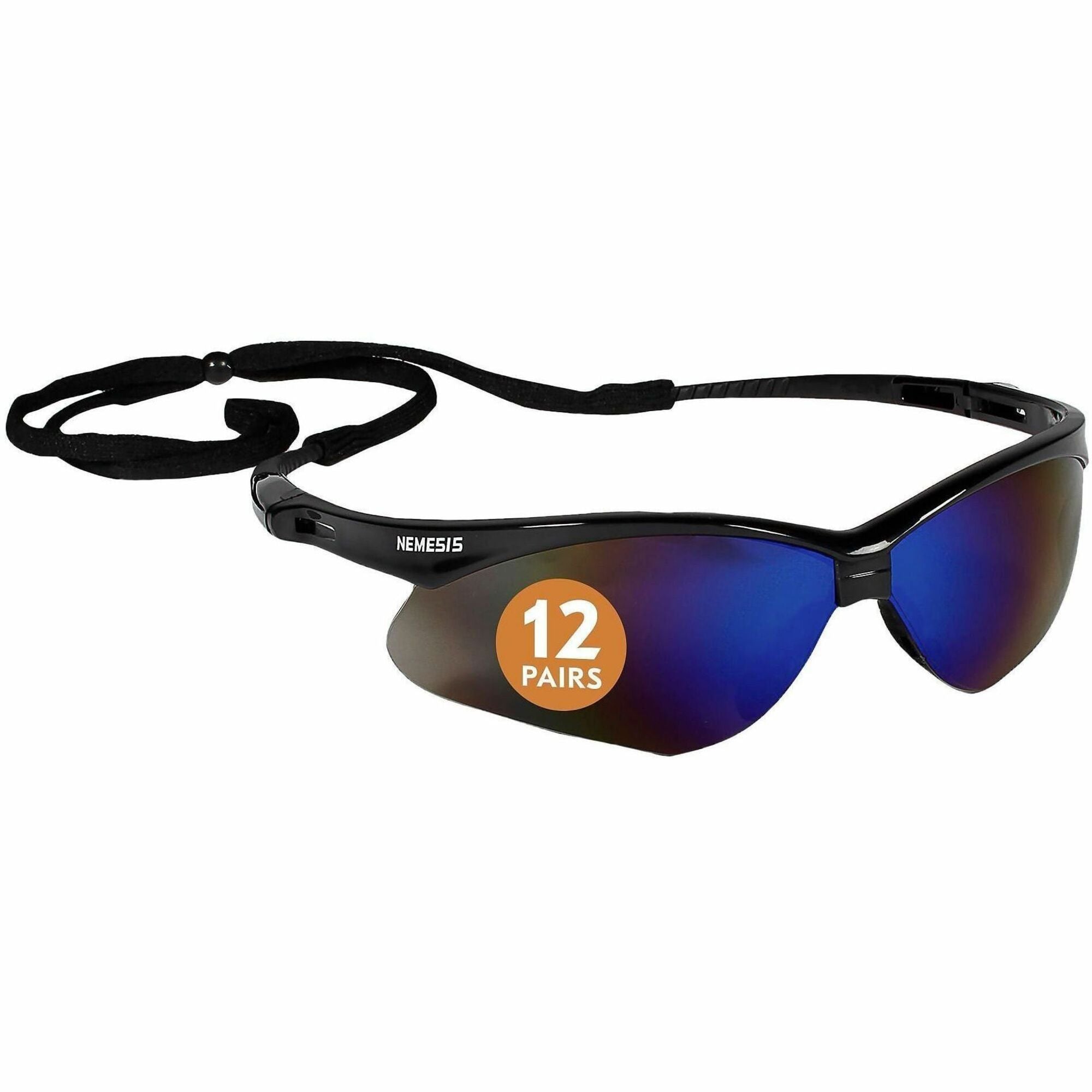 Ansell Health Nemesis Safety Glasses - Universal - Eye, UVA, UVB, UVC Protection - Polycarbonate - Blue Mirror Lens - Black Frame - Flexible, Anti-slip, Sweat Resistant, Wraparound Frame, Neck Cord - 1 Each