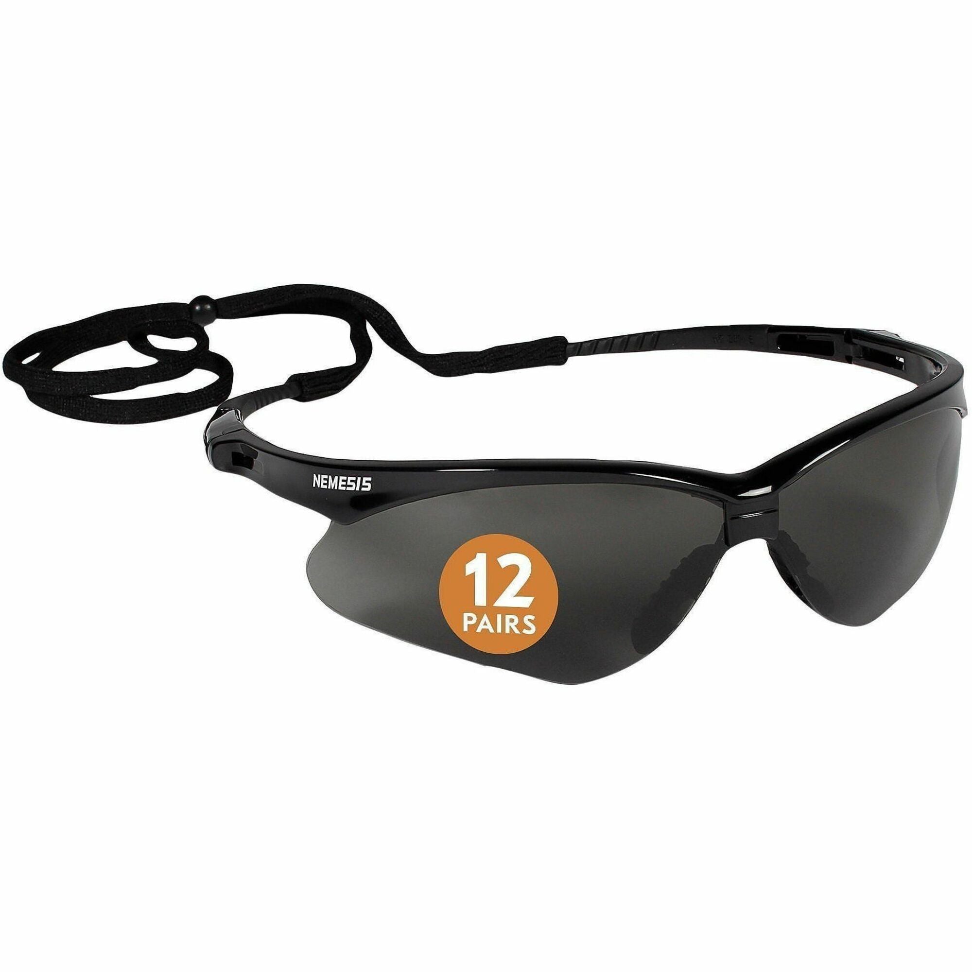 Ansell Nemesis Safety Glasses, Anti-fog, Smoke Polycarbonate Lens, Black Frame, Wraparound, Sweat Resistant, Flexible, Anti-slip, Neck Cord, 1 Each
