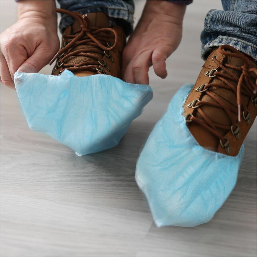 Recommended for: Workplace - Universal - Dry Particle, Dust, Dirt, Grime Protection - Polypropylene, Fabric - Blue - Light Duty, Disposable, Lightweight, Breathable, Skid Resistant, Low Skid, Elasticized, Serged Seams, Elastic Opening - 300 / Carton