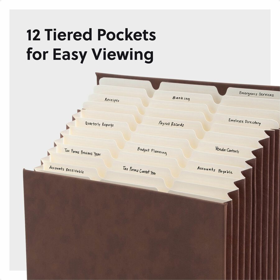 Smead Stadium 12-Pocket 1/3 Tab Cut Letter Expanding File, 8.5" x 11", 900 Sheet Capacity, 10.5" Expansion, Assorted Tab Positions, 11 Dividers, Saddle, 40% Recycled, 1 Each