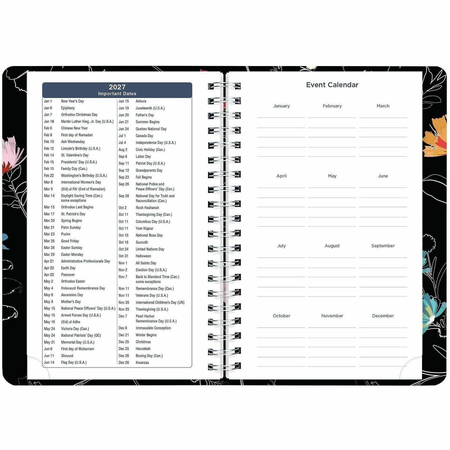 Rediform Essential Weekly/Monthly Planner, 12-Month, January–December 2026, Twin Wire, Dramatic Floral, Soft Cover, Ruled, 1 Each