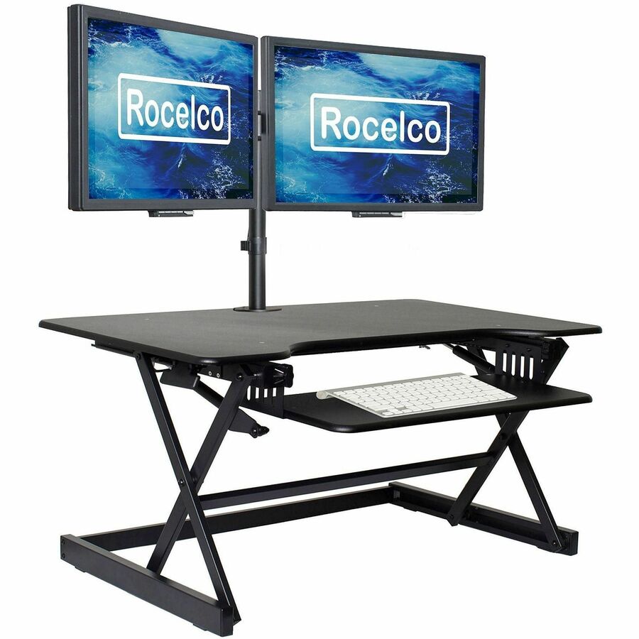 Rocelco Standing Desk Converter & Dual-Monitor Mount, 40" Wide, Adjustable Height up to 20", 40 lb Capacity, Black, Includes Retractable Keyboard Tray, Grommet, Cable Management, Scratch Resistant Pad, 1 Each