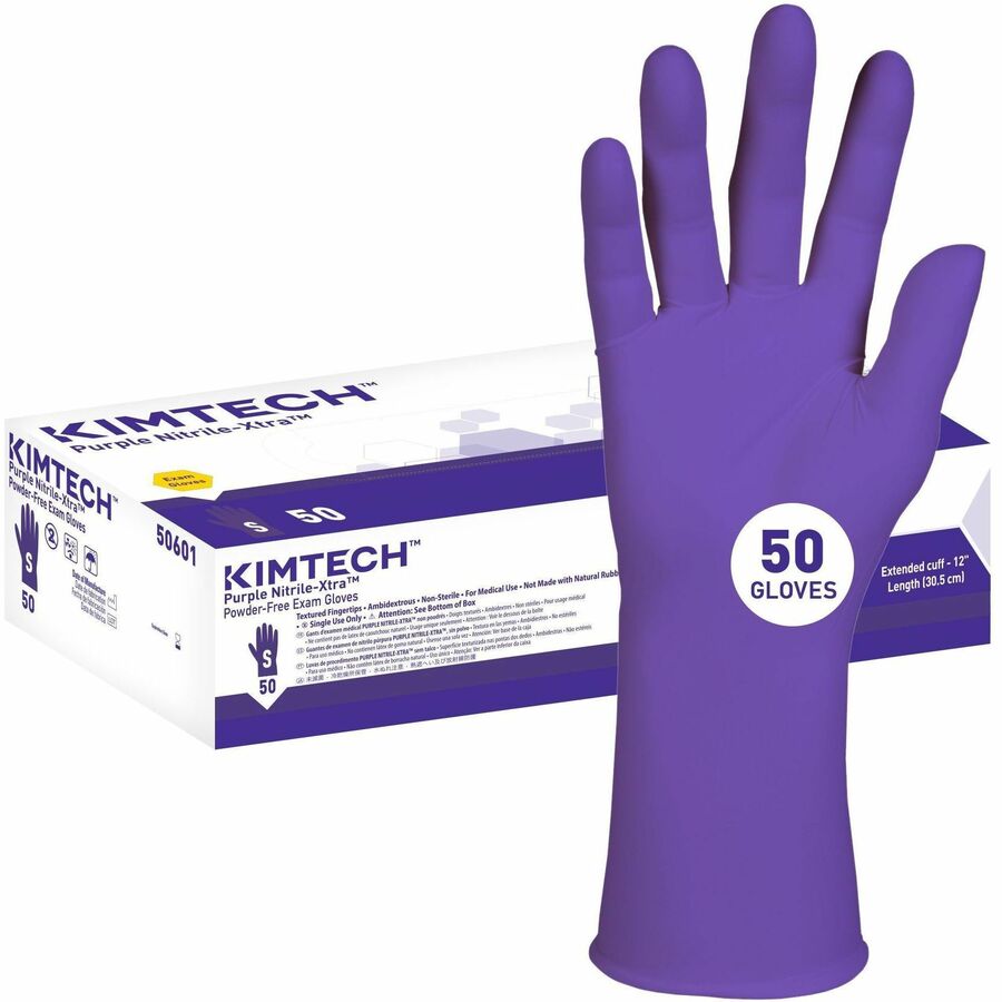 Kimtech Purple Nitrile-Xtra Exam Gloves, Small, 5.9 mil, 12" Length, Ambidextrous, Beaded Cuff, Textured Fingertip, Non-sterile, Powder-free, Latex-free, Durable, Comfortable, Recyclable, 10 Gloves per Carton