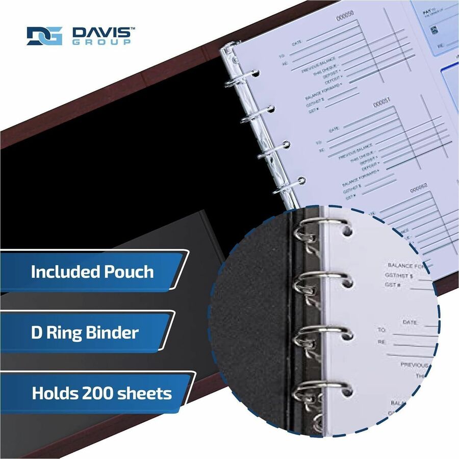 Davis Group Premium 3-Up Business Checkbook Binder - 200 Sheet Capacity - 7 Ring(s) - Pocket(s): Internal - Vinyl - Burgundy - Pocket - 1 Each