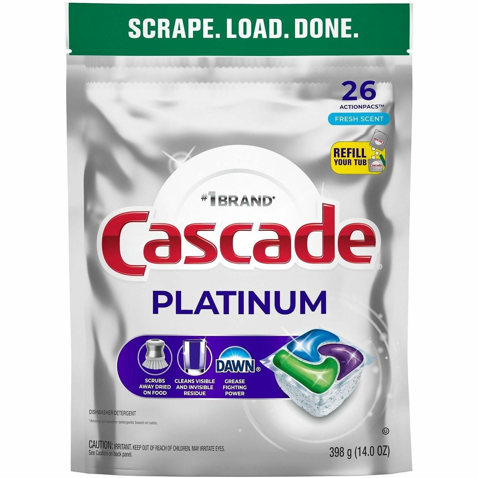 Cascade Platinum ActionPacs - For Glassware, Dish, Dishwasher - Pod - Recommended For: Residue Remover, Dried-on Food Remover - Enzyme Activated - Silver - 26 - 1 Each