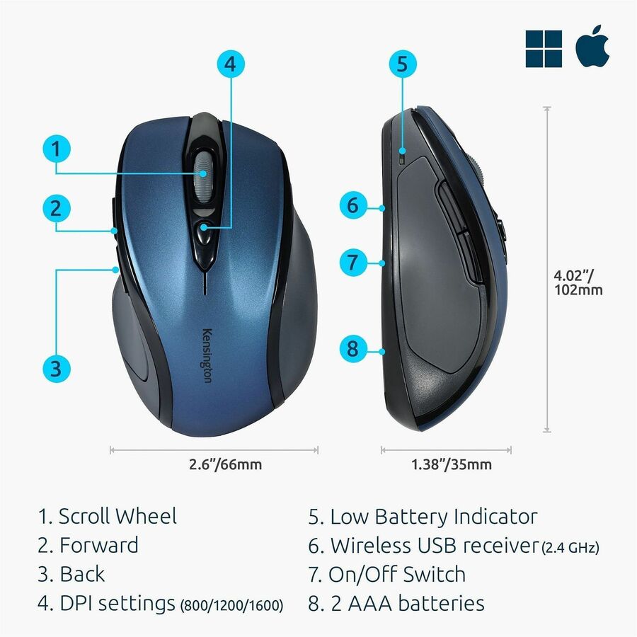 Optical - Wireless - Radio Frequency - 2.40 GHz - Sapphire Blue - USB - 1750 dpi - Scroll Wheel - 3 Button(s) - Right-handed - 1