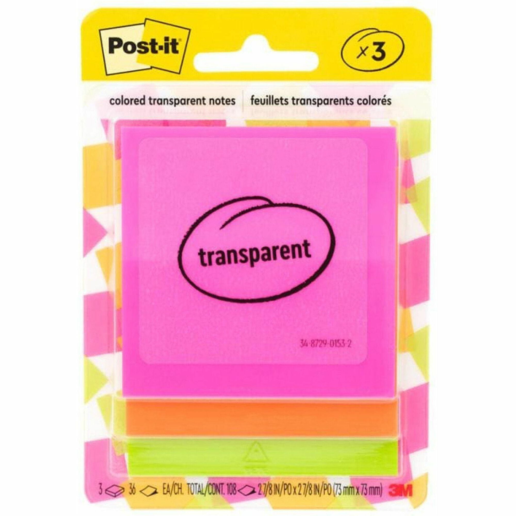2 4/5" Flag/Note Width x 2 4/5" Flag/Note Length - Square - 36 Sheets per Pad - Pink, Green, Orange - Sticky, Repositionable, Adhesive, Removable - 1 Pack