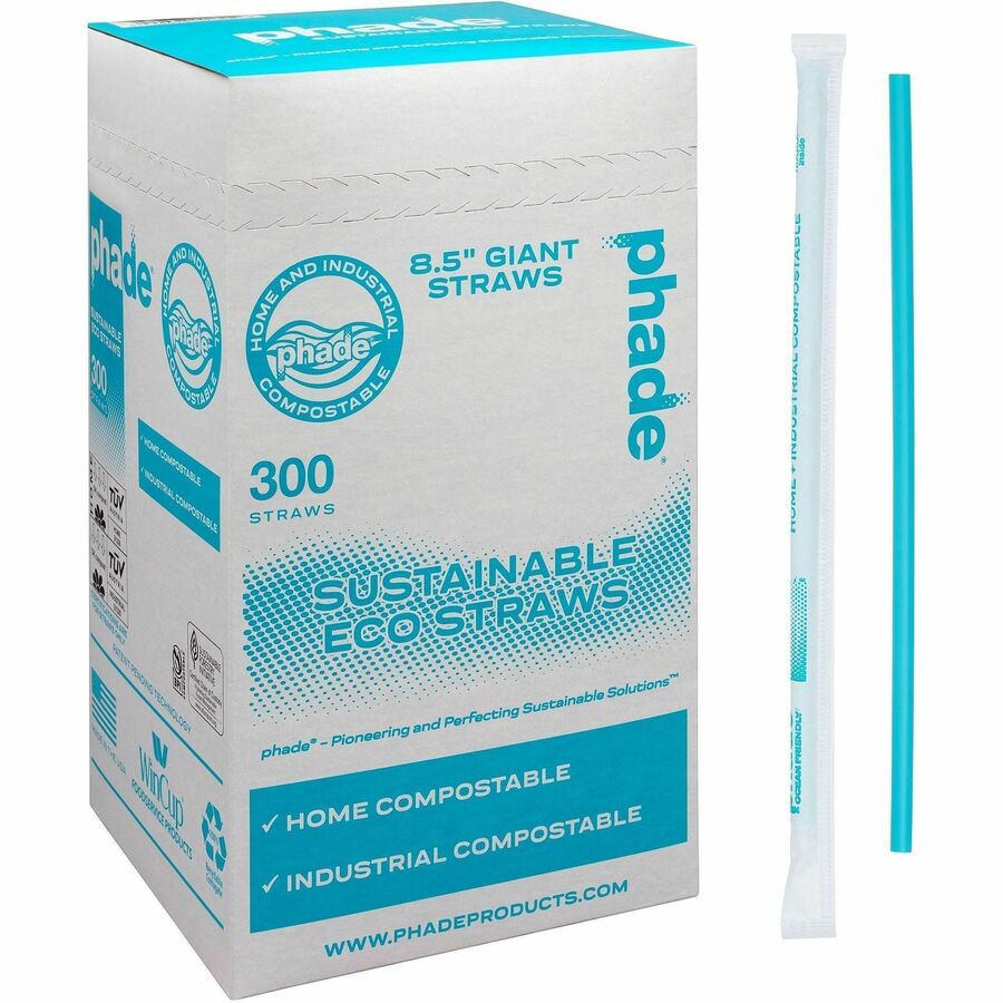 Phade Compostable Straws - 8.5" Height x - Polyhydroxyalkanoate (PHA) - Caribbean Blue - 300 / Box