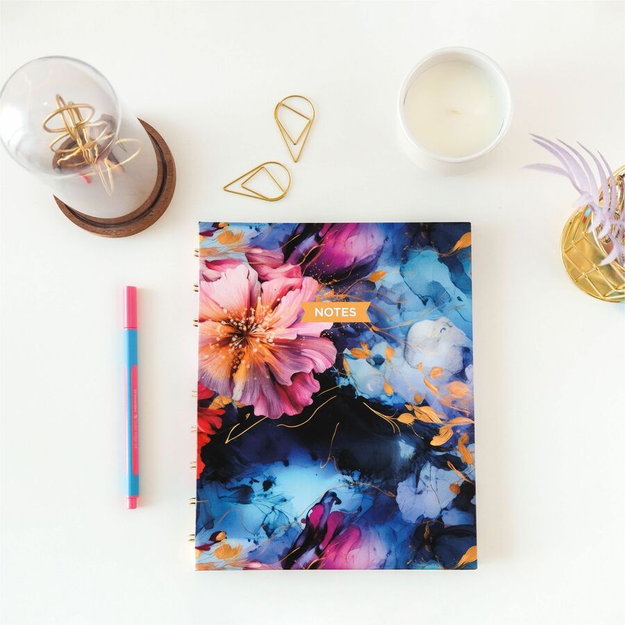 Hardcover Twin-Wirebound Notebook, 192 Ruled Pages, 9-1/4" x 7-1/4", Micro-Perforated Acid-Free Paper, Index Sheet, Tabs & Storage Pocket, Floral Cover with Gold Binding