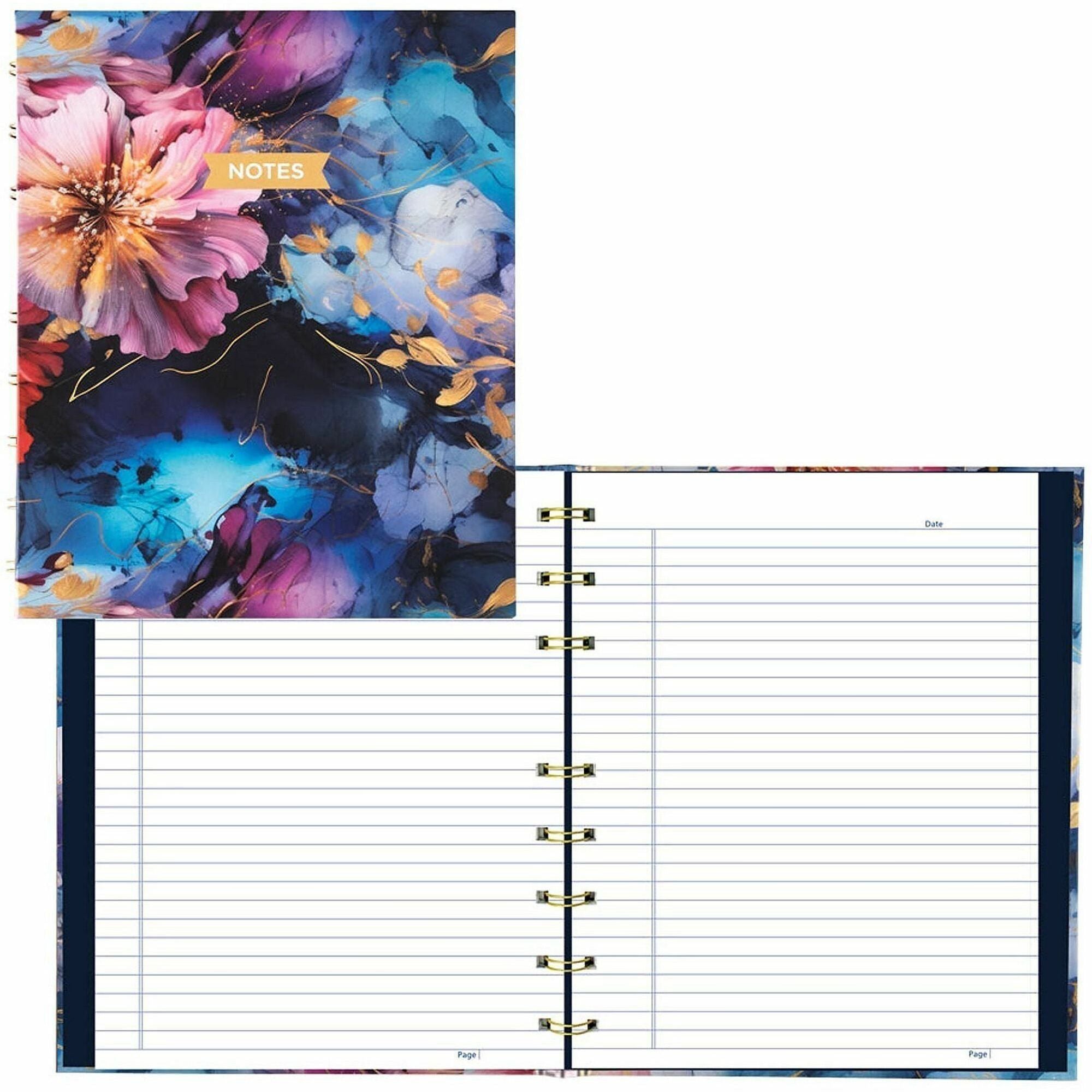 Hardcover Twin-Wirebound Notebook, 192 Ruled Pages, 9-1/4" x 7-1/4", Micro-Perforated Acid-Free Paper, Index Sheet, Tabs & Storage Pocket, Floral Cover with Gold Binding