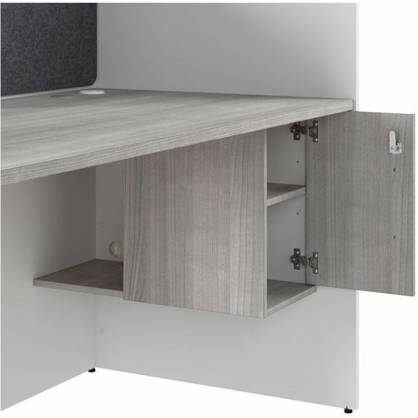 Bush Business Furniture Hustle Collection Desk, 1 Each, 48"H x 47"W x 24"D, White/Platinum Gray, 1 Adjustable Shelf, Locking Storage Cabinet, Melamine Top, USB & AC Power, Wire Management, Modern, Small Size