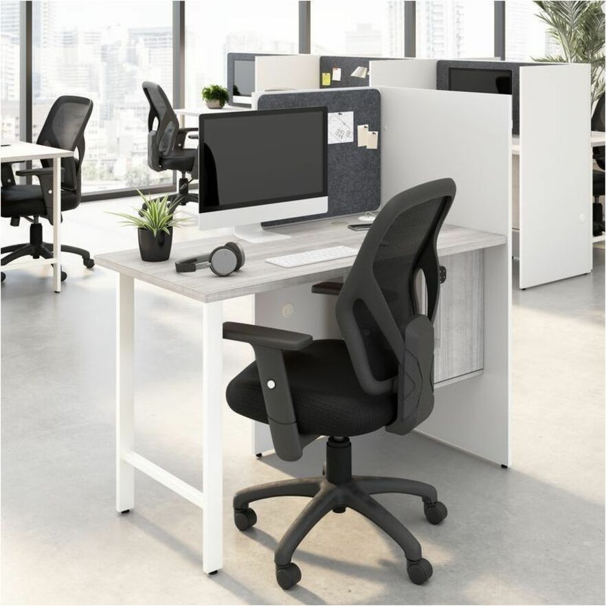 Bush Business Furniture Hustle Collection Desk, 1 Each, 48"H x 47"W x 24"D, White/Platinum Gray, 1 Adjustable Shelf, Locking Storage Cabinet, Melamine Top, USB & AC Power, Wire Management, Modern, Small Size
