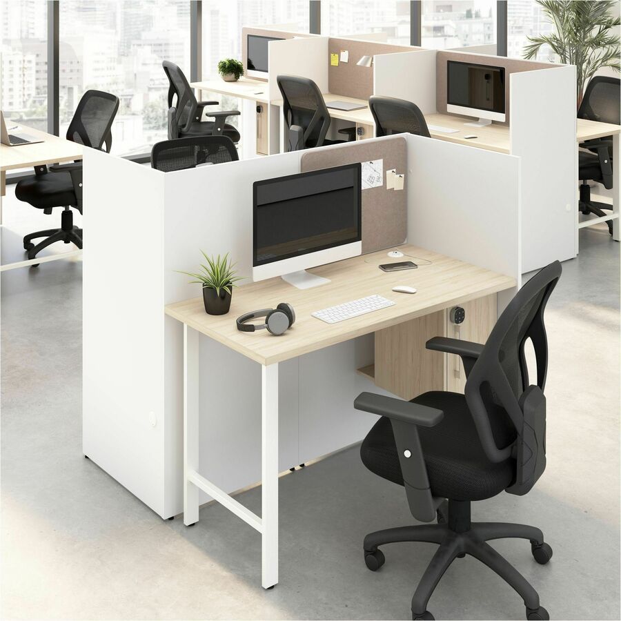 Bush Business Furniture Hustle Collection Desk, 48"H x 47"W x 24"D, 1 Adjustable Shelf, Locking Storage Cabinet, Melamine Top, Natural Elm/White, USB & AC Power, Wire Management, Includes Tackboard, 1 Each