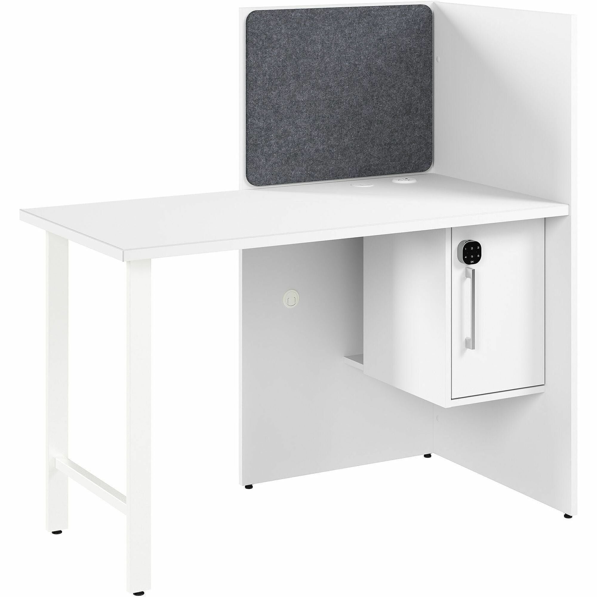 Bush Business Furniture Hustle Collection Desk, 1 Each, 1" Thick, 48"H x 59"W x 30"D, White, Melamine Top, Locking Storage Cabinet, 1 Adjustable Shelf, USB & AC Power, Wire Management, Modern, Large, Scratch & Stain Resistant