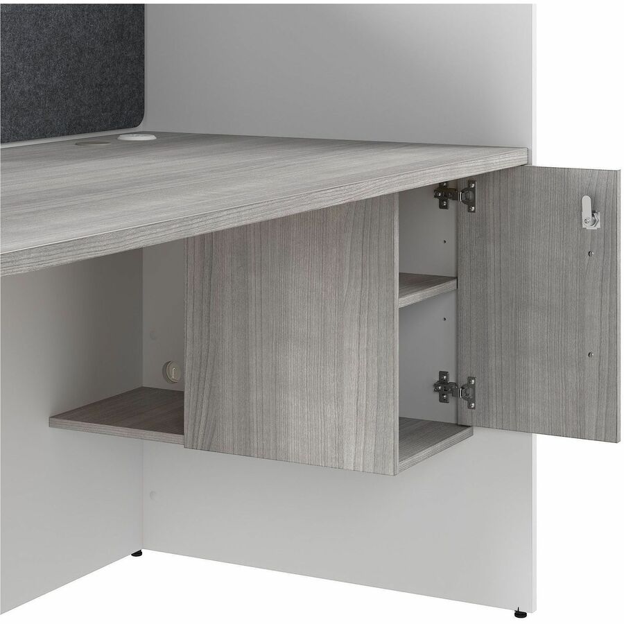 Bush Business Furniture Hustle Collection Desk, 1 Each, 1" Thick, 48"H x 59"W x 30"D, White/Platinum Gray/Gray, Melamine Top, Lockable Storage Cabinet, 1 Adjustable Shelf, USB & AC Power, Wire Management, Tackboard Included