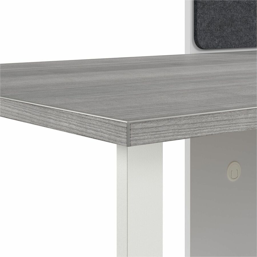 Bush Business Furniture Hustle Collection Desk, 1 Each, 1" Thick, 48"H x 59"W x 30"D, White/Platinum Gray/Gray, Melamine Top, Lockable Storage Cabinet, 1 Adjustable Shelf, USB & AC Power, Wire Management, Tackboard Included