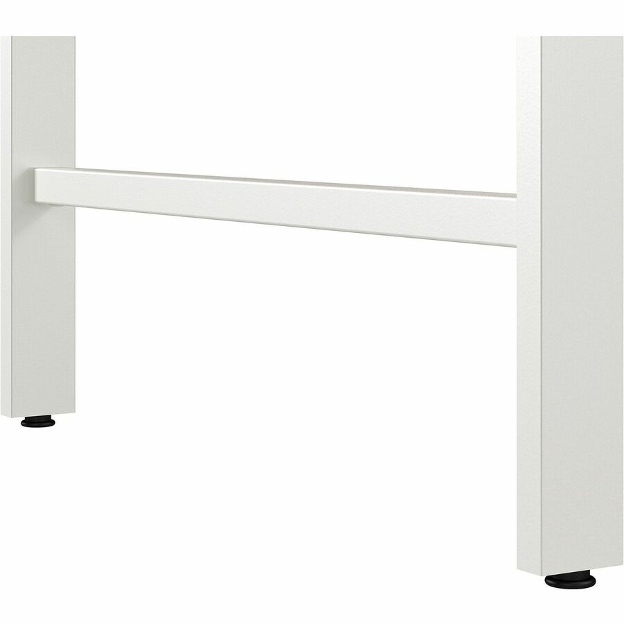 Bush Business Furniture Hustle Collection Desk, 1 Each, 1" Thick, 48"H x 59"W x 30"D, White/Platinum Gray/Gray, Melamine Top, Lockable Storage Cabinet, 1 Adjustable Shelf, USB & AC Power, Wire Management, Tackboard Included