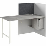 Bush Business Furniture Hustle Collection Desk, 1 Each, 1" Thick, 48"H x 59"W x 30"D, White/Platinum Gray/Gray, Melamine Top, Lockable Storage Cabinet, 1 Adjustable Shelf, USB & AC Power, Wire Management, Tackboard Included
