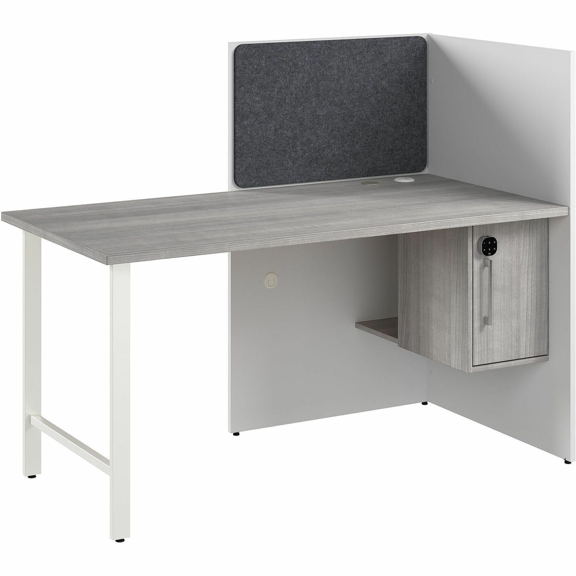 Bush Business Furniture Hustle Collection Desk, 1 Each, 1" Thick, 48"H x 59"W x 30"D, White/Platinum Gray/Gray, Melamine Top, Lockable Storage Cabinet, 1 Adjustable Shelf, USB & AC Power, Wire Management, Tackboard Included